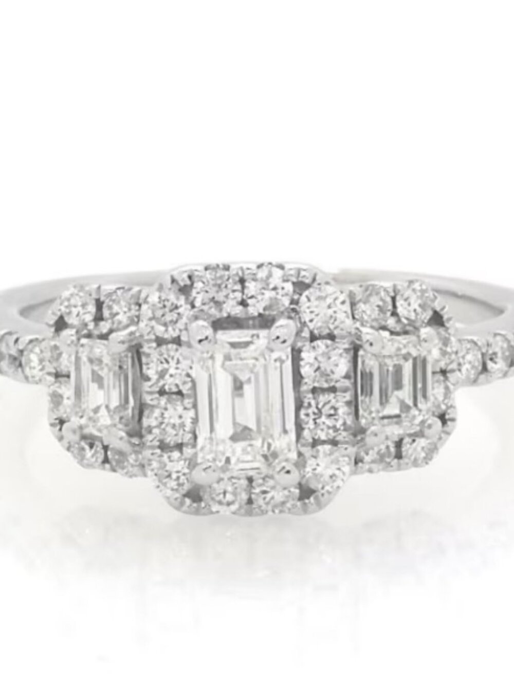 Roman & Jules 8K White Gold 1.52ctw Three Stone Emerald Diamond Halo Ring 6.25